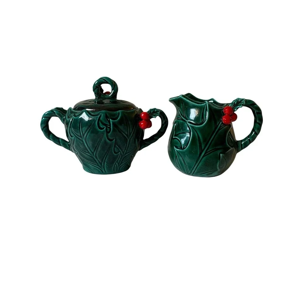 Vintage Lefton Set Creamer & Sugar Bowl With Lid Holly Berries #1355